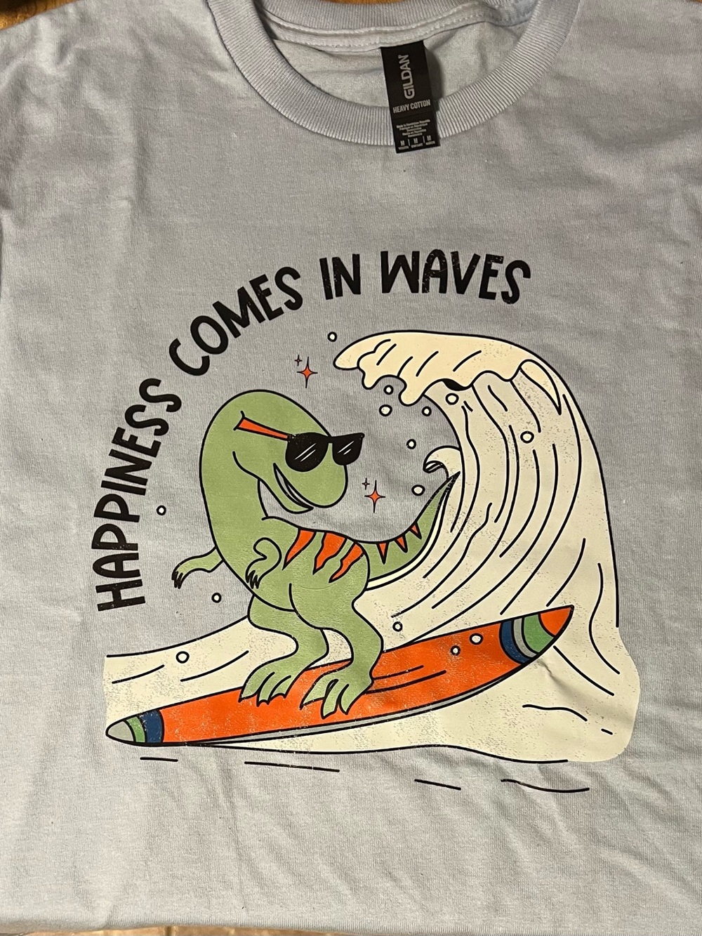 Gildan Light Blue Tee with Green Dino Surfing on Orange Board